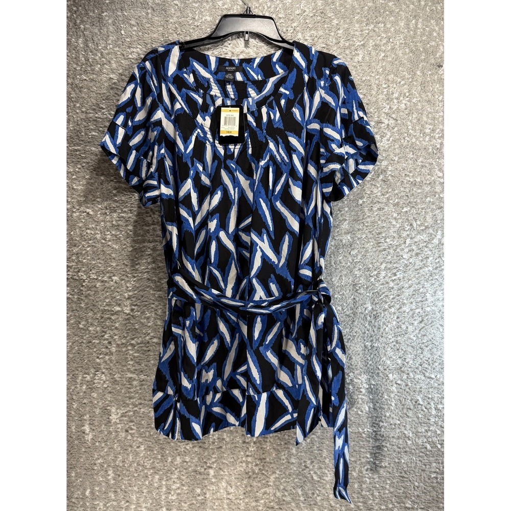 Alfani Silk Belted Tunic Blouse Abstract Print 16W Preppy Career City NWT